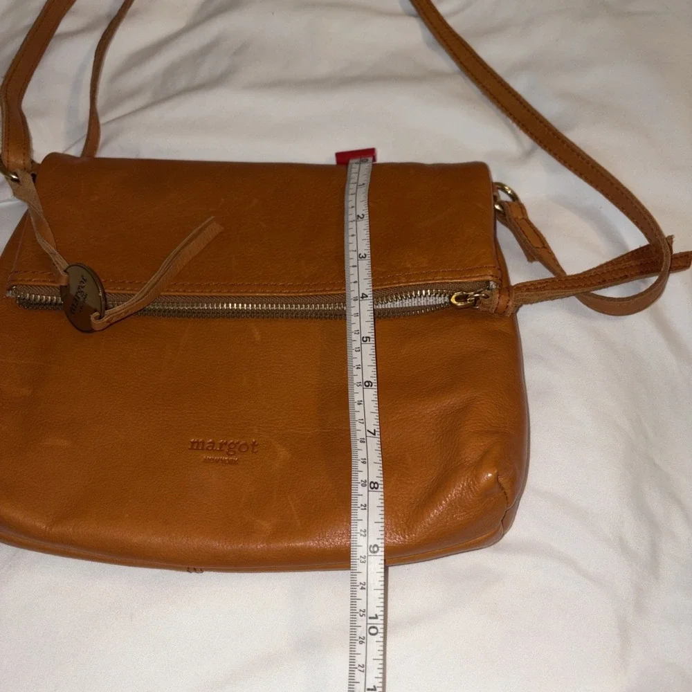 $150 Margot New York ROBBIE Foldover Crossbody flap Bag Cognac Hobo 10